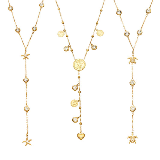 Stainless steel zircon Y necklace collection with sea turtle starfish and heart pendant designs