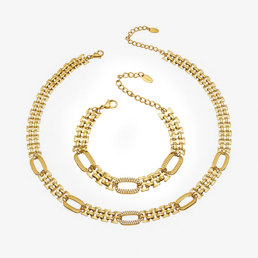 Stainless steel zircon watch band chain necklace and bracelet in gold tone