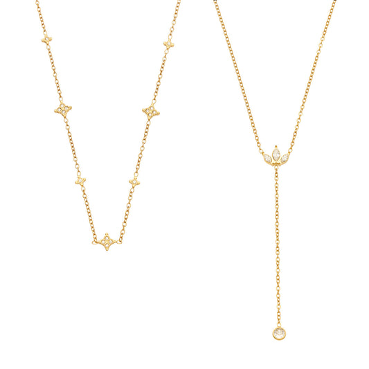 Stainless steel zircon Y and station necklaces with 18K gold PVD finish