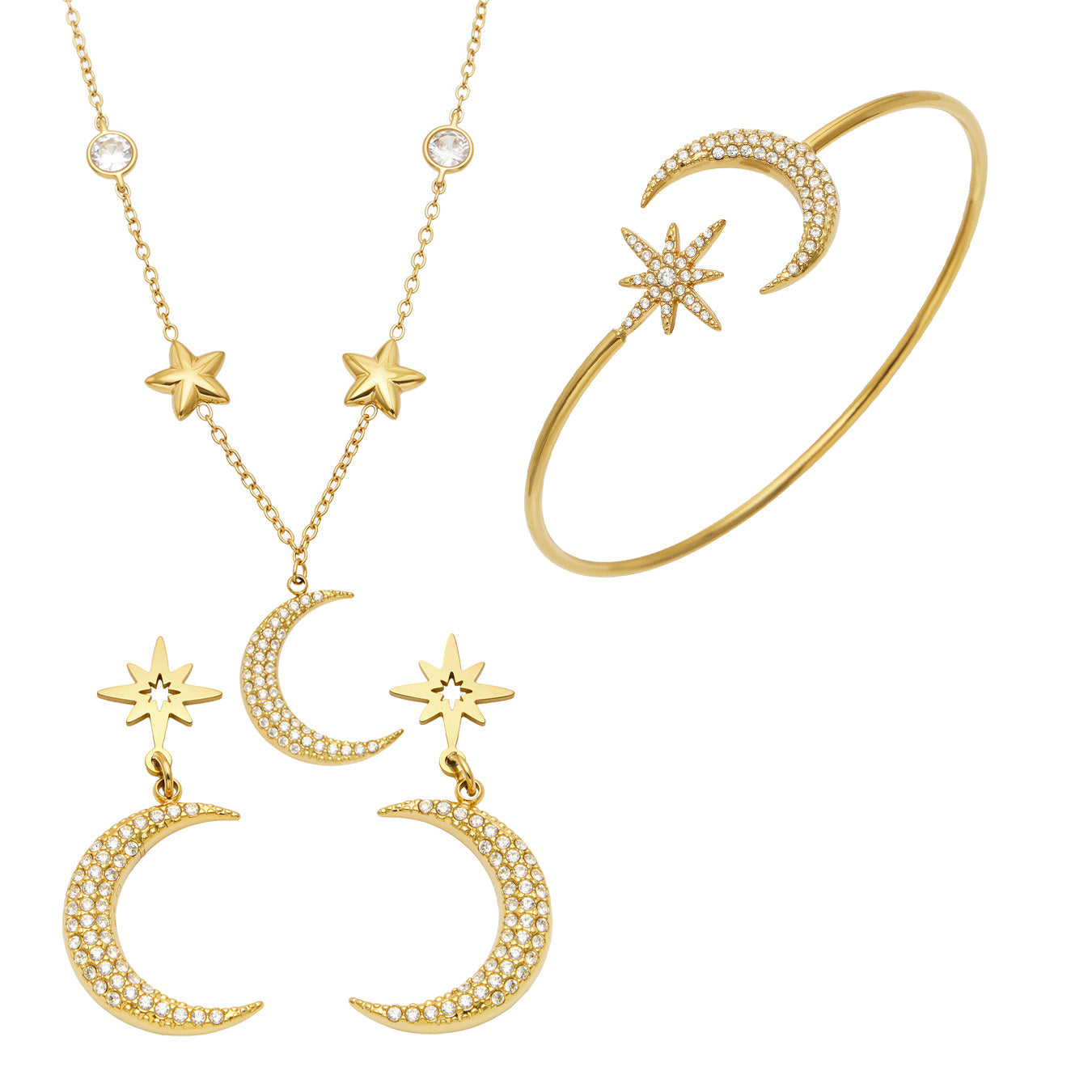 MiduoduoJewelry gold star and moon necklace, earrings and cuff bracelet collection with zircon accents