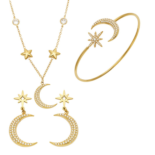 MiduoduoJewelry gold star and moon necklace, earrings and cuff bracelet collection with zircon accents