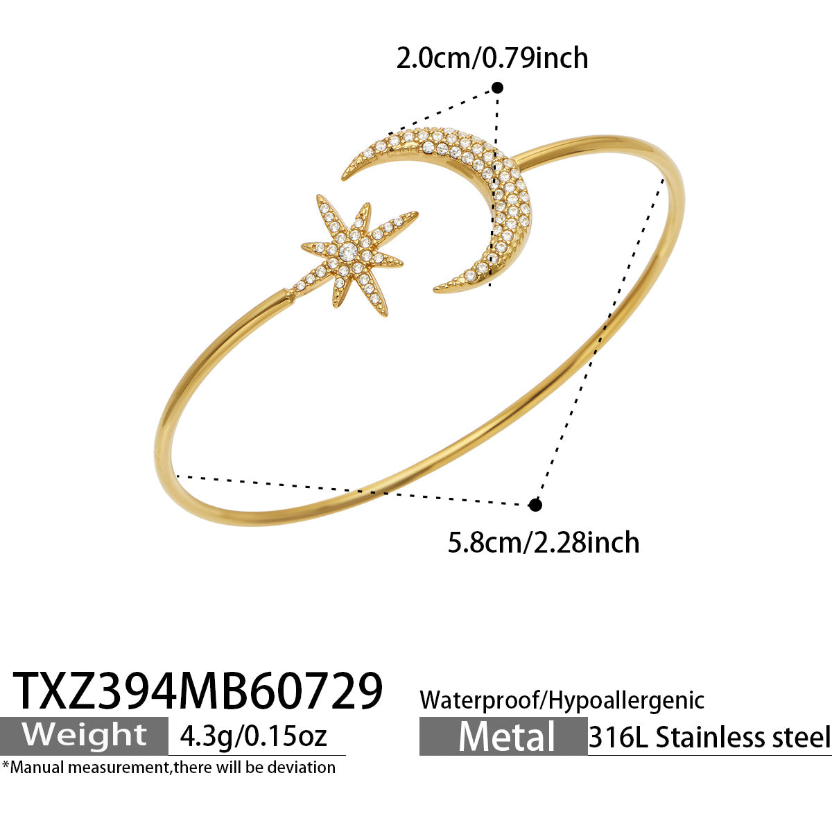 MiduoduoJewelry star and moon cuff bracelet dimensions and product specifications