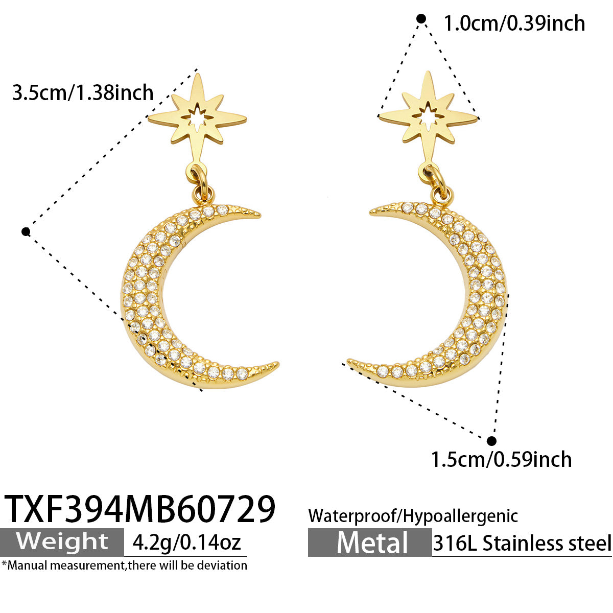 Gold star and moon zircon earrings dimensions and product specification guide