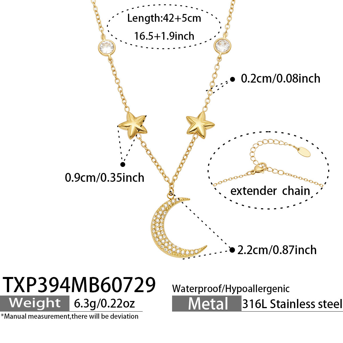 Gold star and moon zircon necklace chain length and pendant specification guide