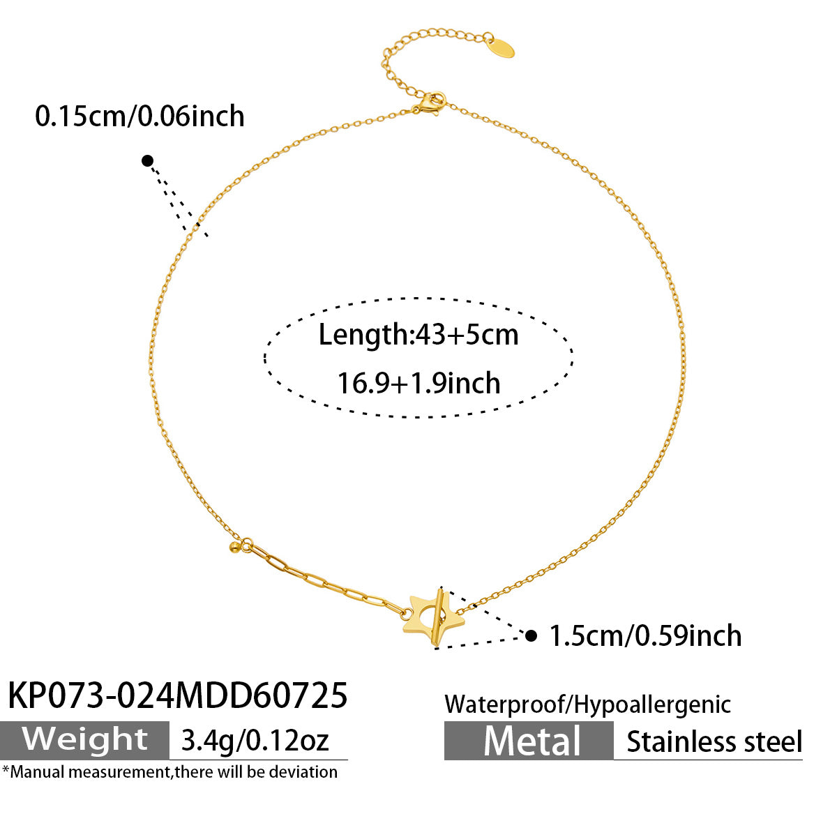 Gold star T-bar necklace size and product specification guide