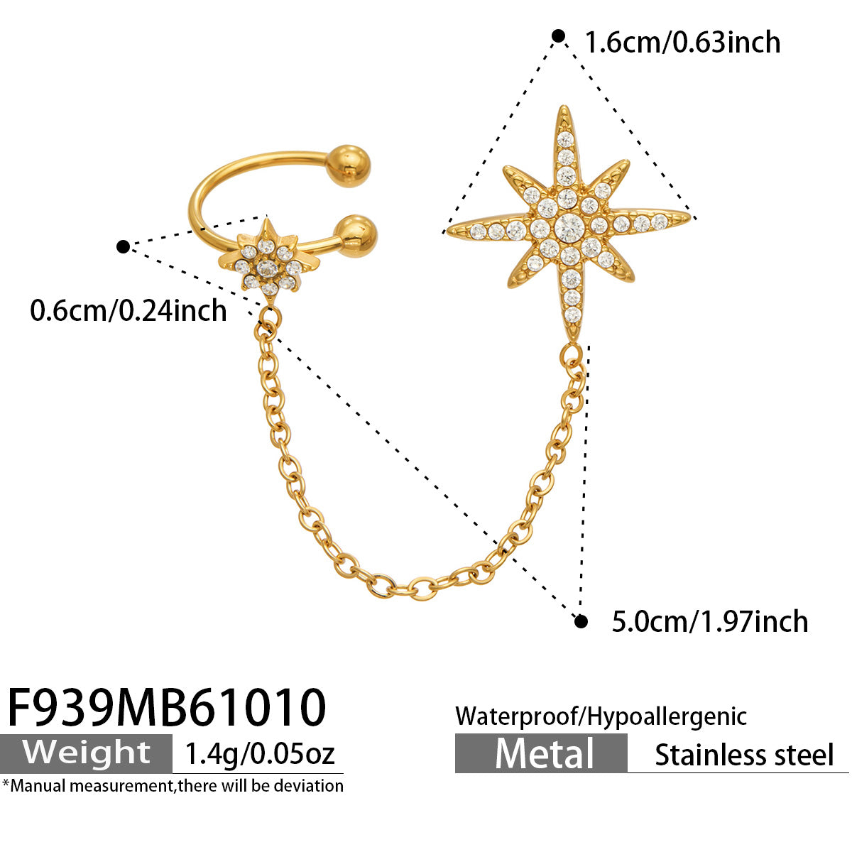 316L Stainless Steel 18K PVD Gold Star Zircon Ear Clip made with 316L stainless steel and 18K PVD gold finish for wholesale jewelry buyers - image 10