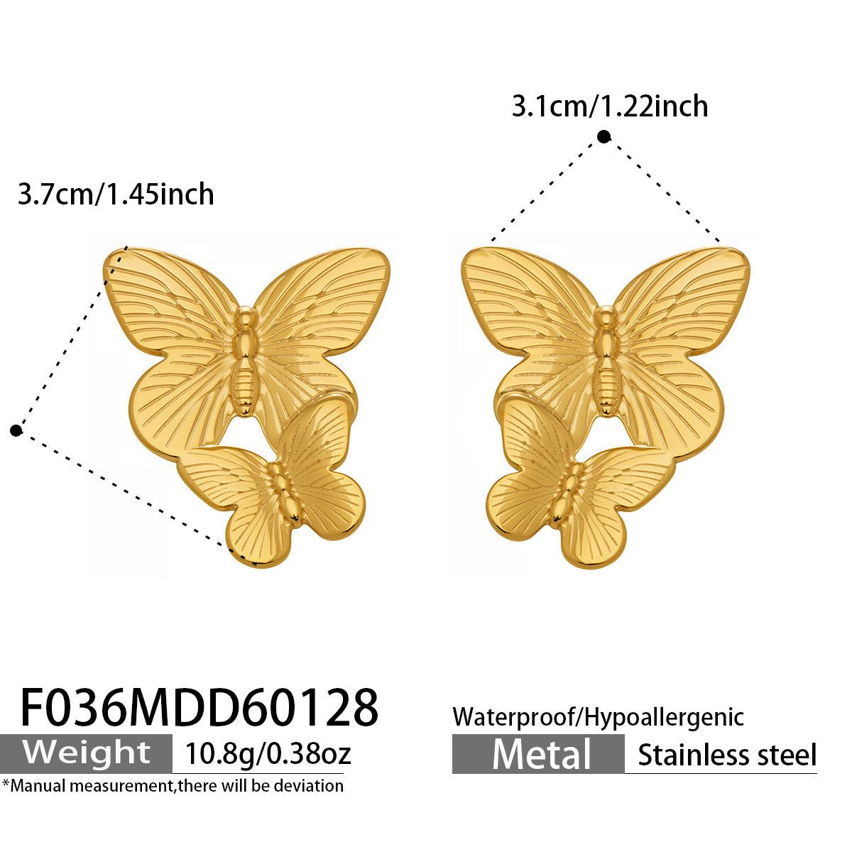 316L Stainless Steel 18K Gold PVD Plated Butterfly Earrings - sophisticated side angle