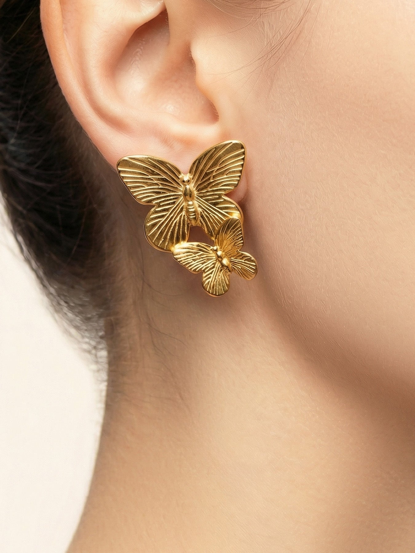316L Stainless Steel 18K Gold PVD Plated Butterfly Earrings - front view showcase