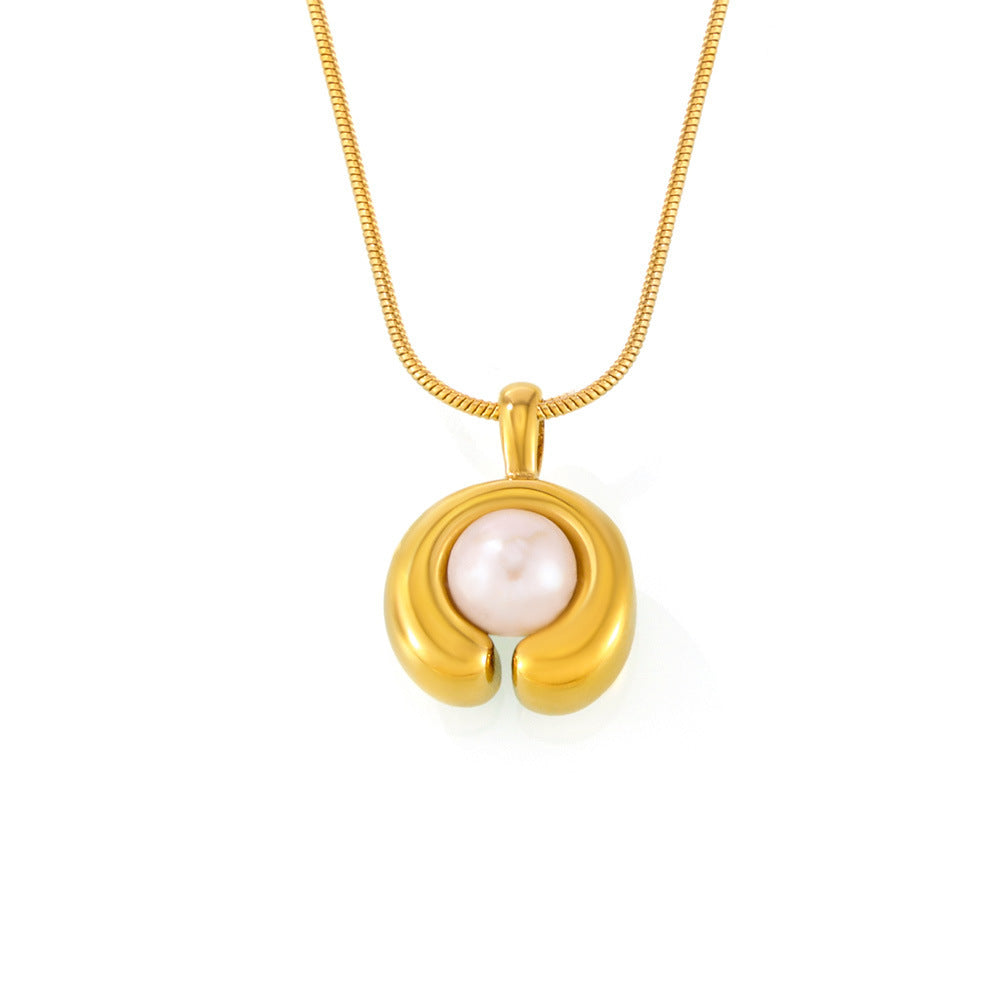 316L Stainless Steel 18K Gold PVD Plated C-shape Freshwater Pearl Necklace - sophisticated side angle