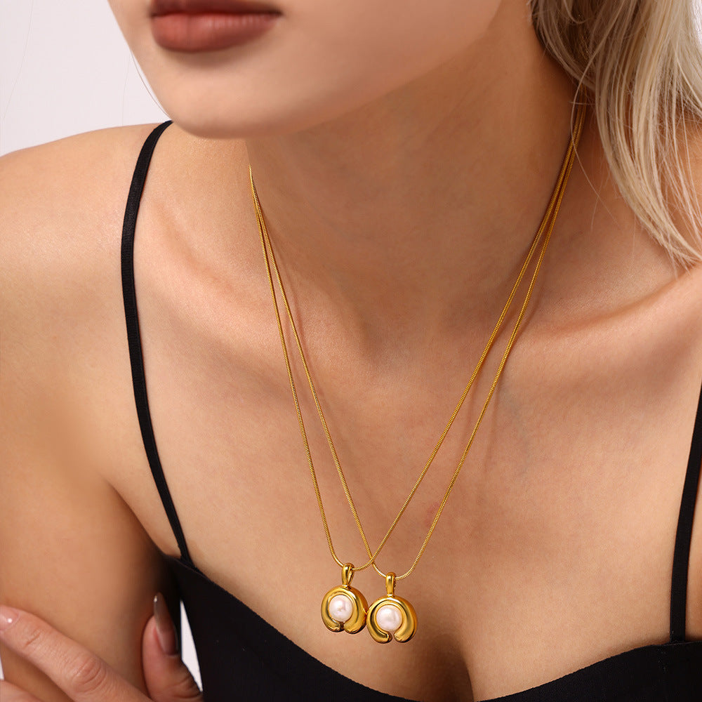 316L Stainless Steel 18K Gold PVD Plated C-shape Freshwater Pearl Necklace - premium jewelry aesthetic