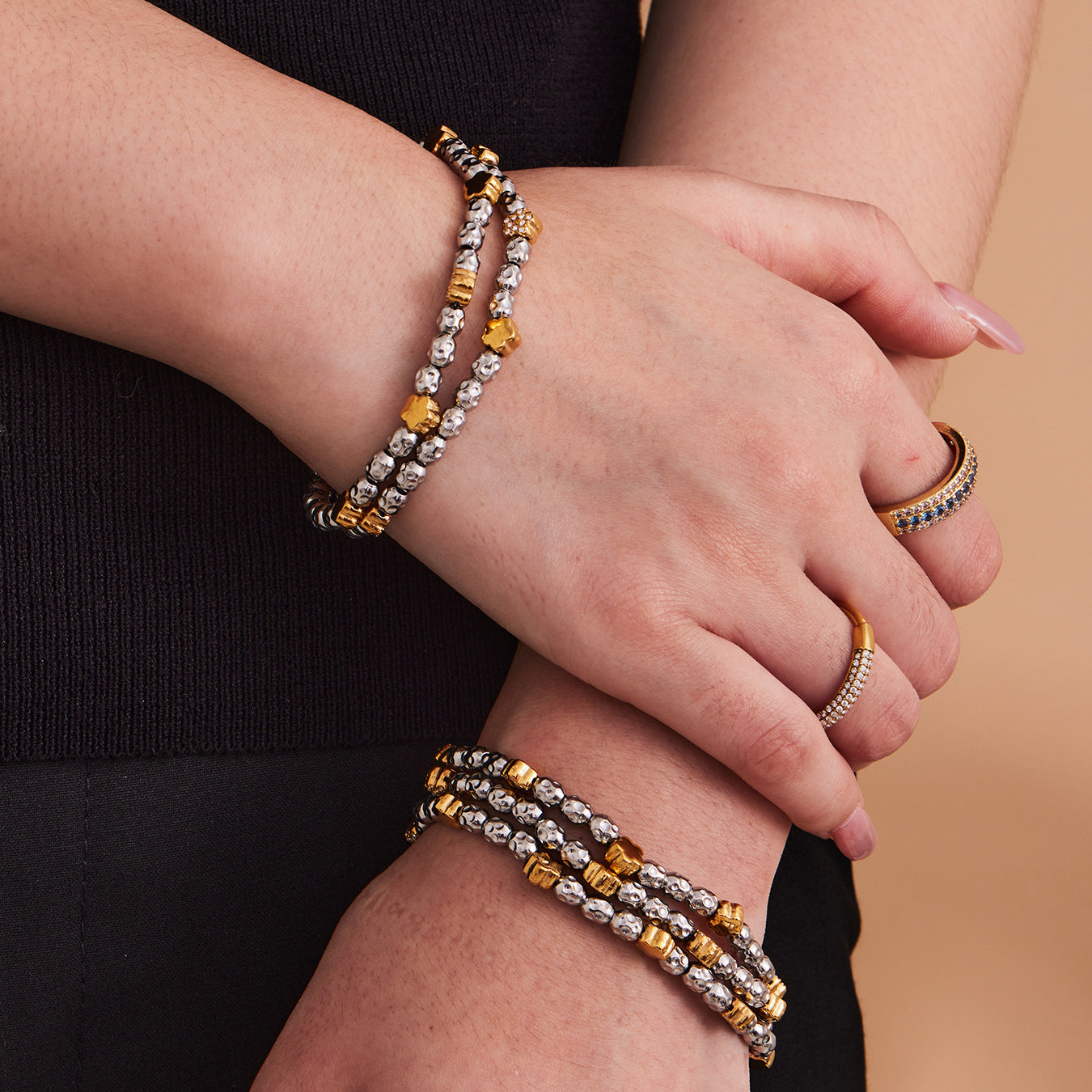 316L Stainless Steel 18K Gold PVD Plated Floral Stretch Bracelet - front view showcase