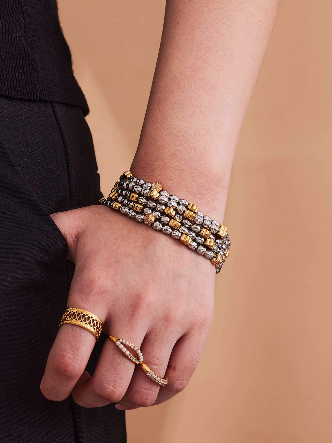 316L Stainless Steel 18K Gold PVD Plated Floral Stretch Bracelet - elegant lifestyle look