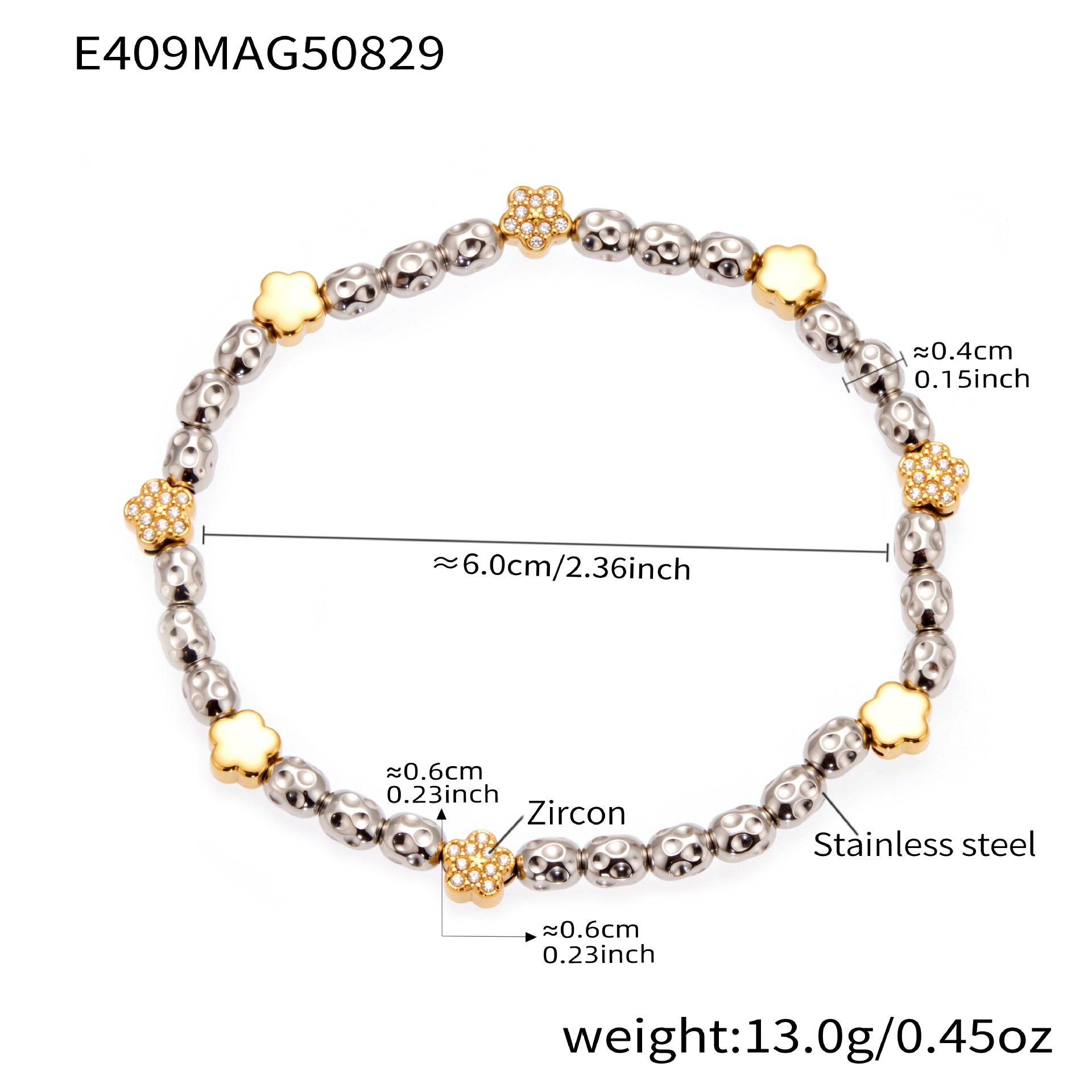 316L Stainless Steel 18K Gold PVD Plated Floral Stretch Bracelet - front view showcase