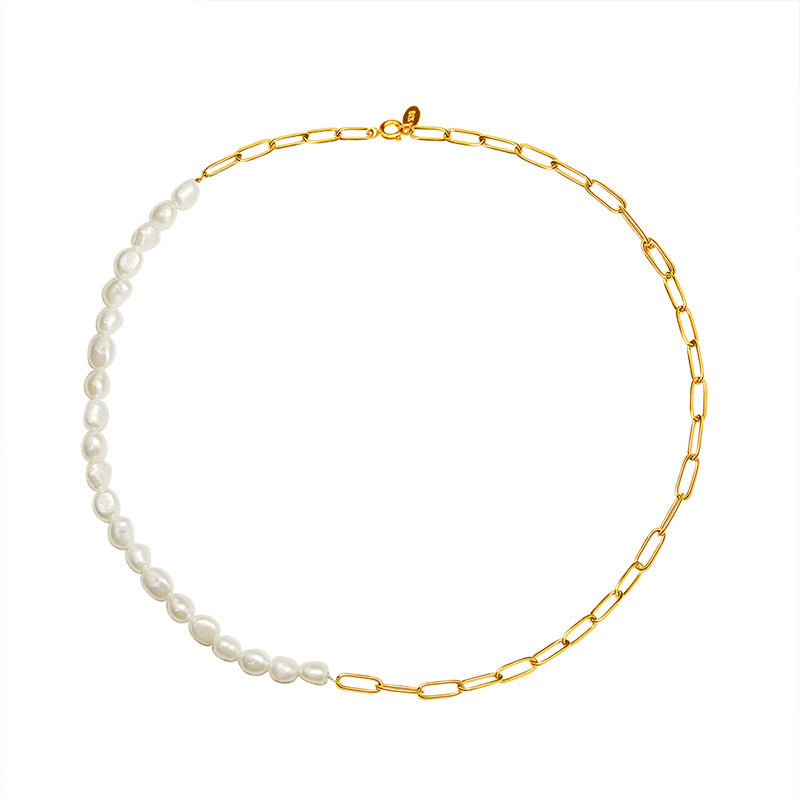 316L Stainless Steel 18K Gold PVD Plated Freshwater Pearl Chic Spliced Necklace - front view showcase