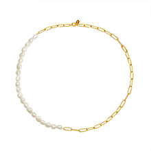 316L Stainless Steel 18K Gold PVD Plated Freshwater Pearl Chic Spliced Necklace - front view showcase