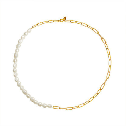 316L Stainless Steel 18K Gold PVD Plated Freshwater Pearl Chic Spliced Necklace - front view showcase