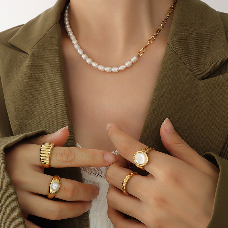316L Stainless Steel 18K Gold PVD Plated Freshwater Pearl Chic Spliced Necklace - elegant lifestyle look