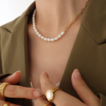 316L Stainless Steel 18K Gold PVD Plated Freshwater Pearl Chic Spliced Necklace - luxury texture close up