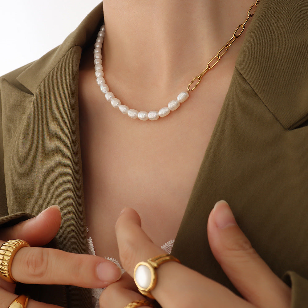 316L Stainless Steel 18K Gold PVD Plated Freshwater Pearl Chic Spliced Necklace - sophisticated side angle