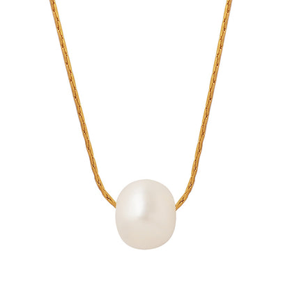 316L Stainless Steel 18K Gold PVD Plated Freshwater Pearl Minimalist Necklace - sophisticated side angle