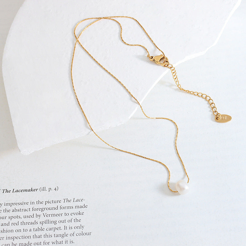 316L Stainless Steel 18K Gold PVD Plated Freshwater Pearl Minimalist Necklace - front view showcase