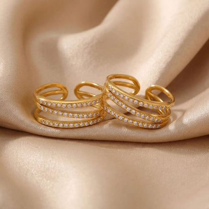 316L Stainless Steel 18K Gold PVD Plated Geometric Zircon Ring - front view showcase