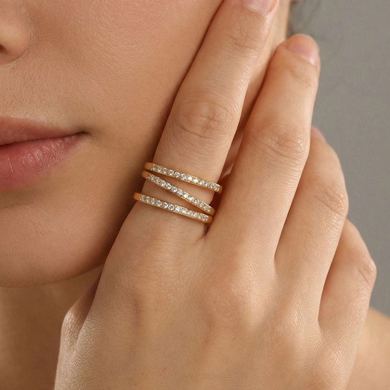 316L Stainless Steel 18K Gold PVD Plated Geometric Zircon Ring - front view showcase