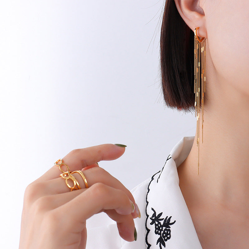 316L Stainless Steel 18K Gold PVD Plated Long Tassel Earrings - sophisticated side angle