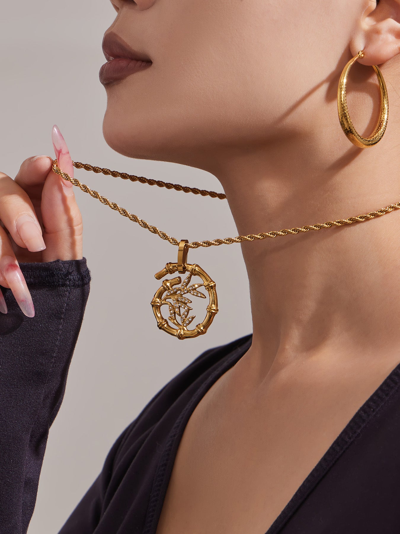 316L Stainless Steel 18K Gold PVD Plated Lucky Bamboo Zircon Double-Layer Necklace - front view showcase