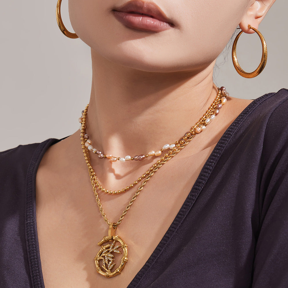 316L Stainless Steel 18K Gold PVD Plated Lucky Bamboo Zircon Double-Layer Necklace - elegant lifestyle look