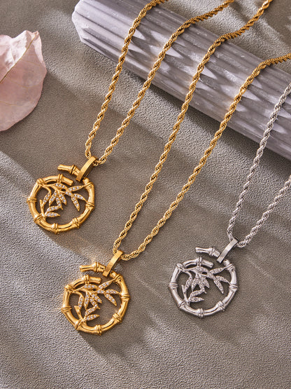 316L Stainless Steel 18K Gold PVD Plated Lucky Bamboo Zircon Double-Layer Necklace - sophisticated side angle