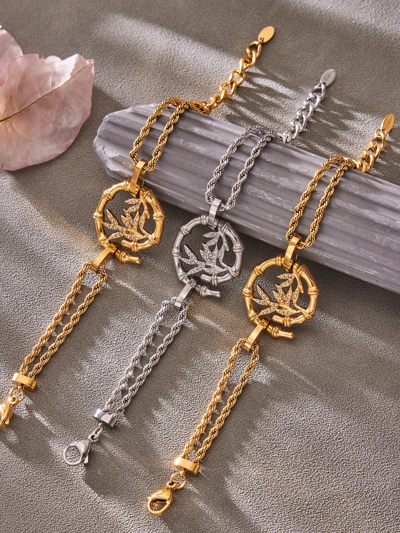 316L Stainless Steel 18K Gold PVD Plated Lucky Bamboo Zircon Double-Layer Necklace - exquisite craftsmanship detail