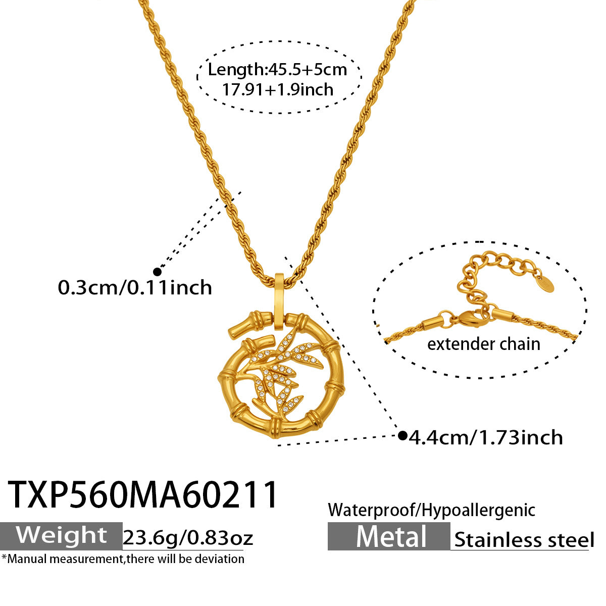 316L Stainless Steel 18K Gold PVD Plated Lucky Bamboo Zircon Double-Layer Necklace - luxury texture close up
