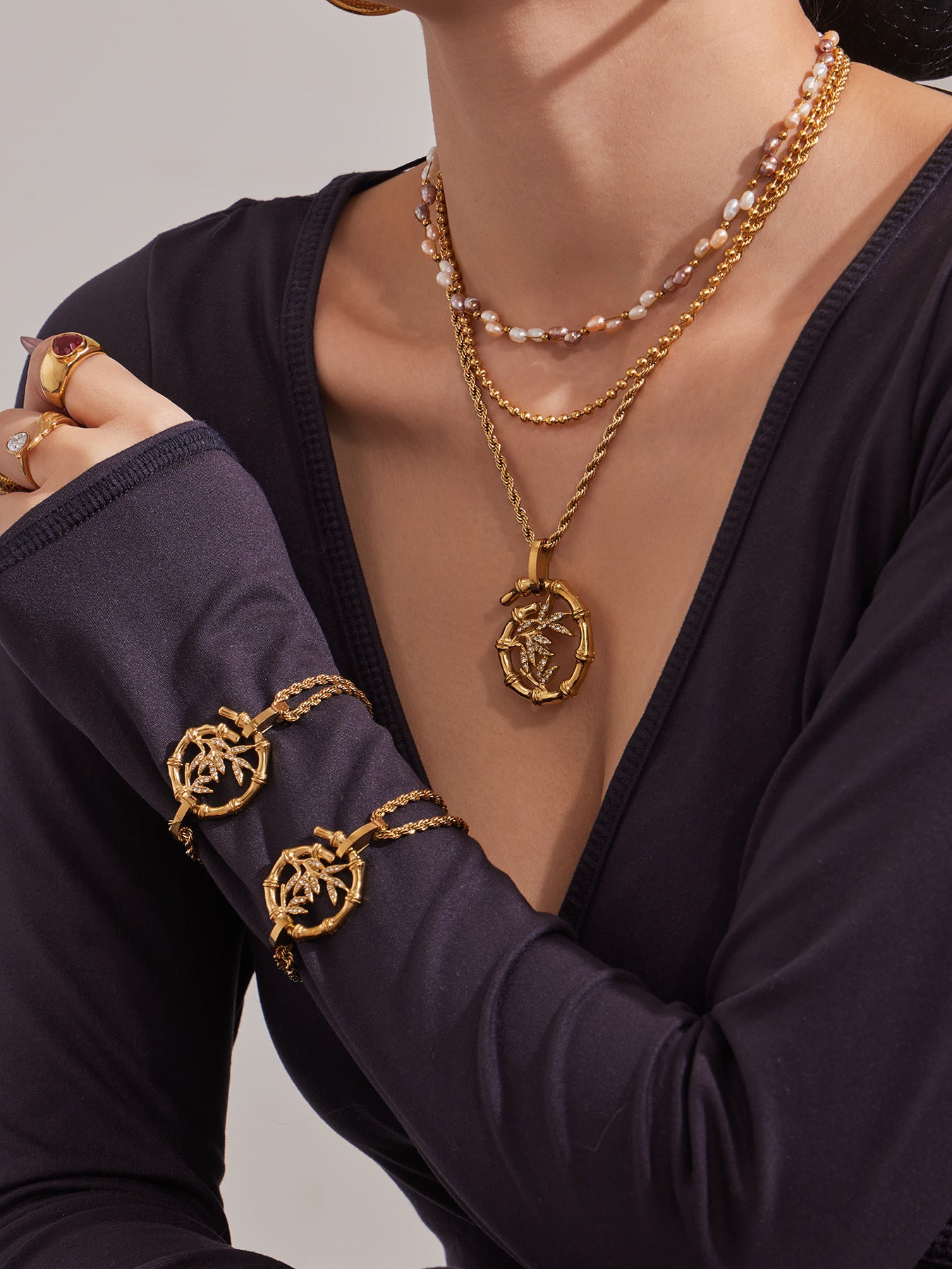 316L Stainless Steel 18K Gold PVD Plated Lucky Bamboo Zircon Double-Layer Necklace - front view showcase