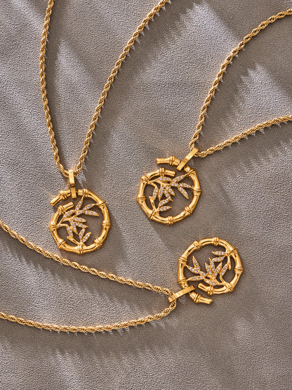 316L Stainless Steel 18K Gold PVD Plated Lucky Bamboo Zircon Double-Layer Necklace - exquisite craftsmanship detail