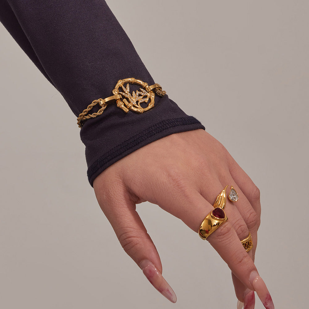 316L Stainless Steel 18K Gold PVD Plated Lucky Bamboo Zircon Double-Layer Necklace - luxury texture close up