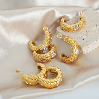 316L Stainless Steel 18K Gold PVD C-shape Pave Earrings - front view showcase
