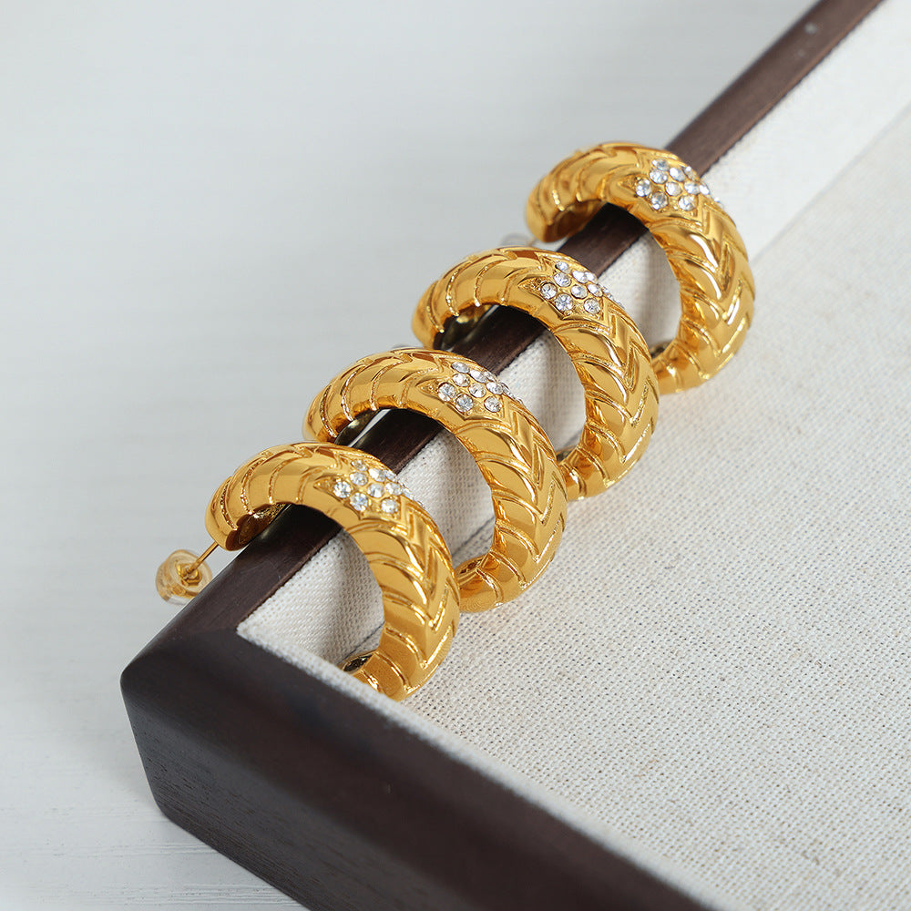 316L Stainless Steel 18K Gold PVD C-shape Pave Earrings - exquisite craftsmanship detail