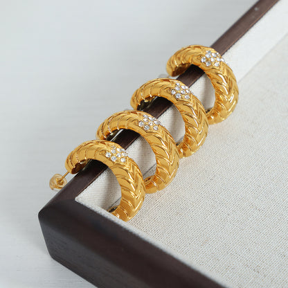 316L Stainless Steel 18K Gold PVD C-shape Pave Earrings - exquisite craftsmanship detail