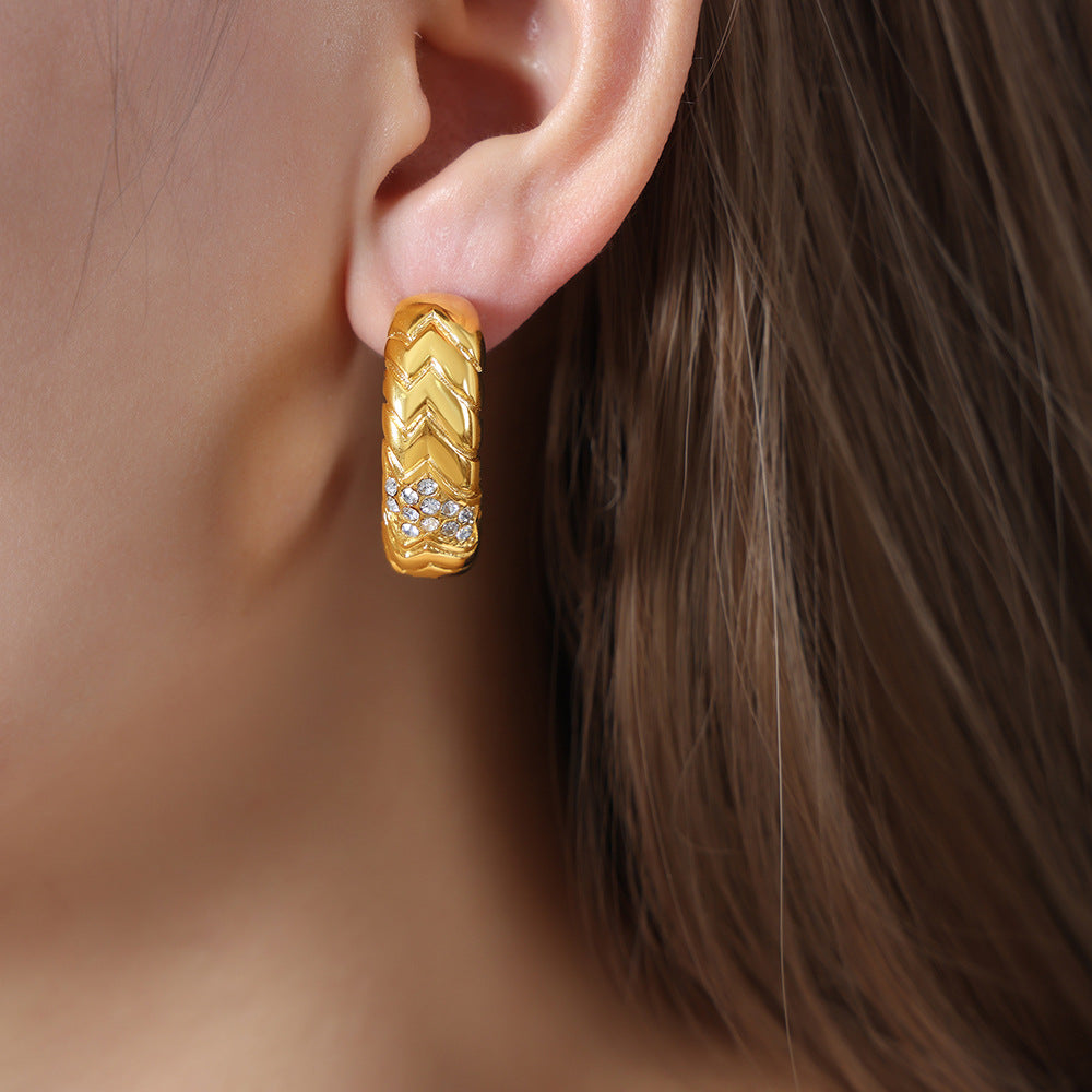 316L Stainless Steel 18K Gold PVD C-shape Pave Earrings - elegant lifestyle look