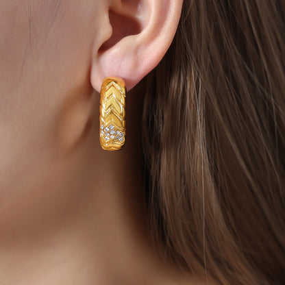 316L Stainless Steel 18K Gold PVD C-shape Pave Earrings - elegant lifestyle look
