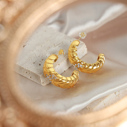 316L Stainless Steel 18K Gold PVD C-shape Pave Earrings - luxury texture close up