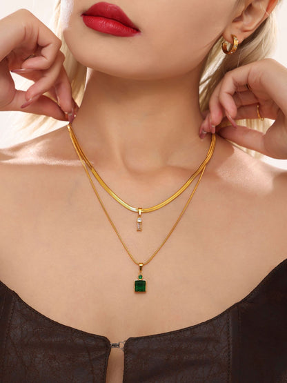 316L Stainless Steel 18K Gold PVD Layered Herringbone Square Zircon Necklace - exquisite craftsmanship detail