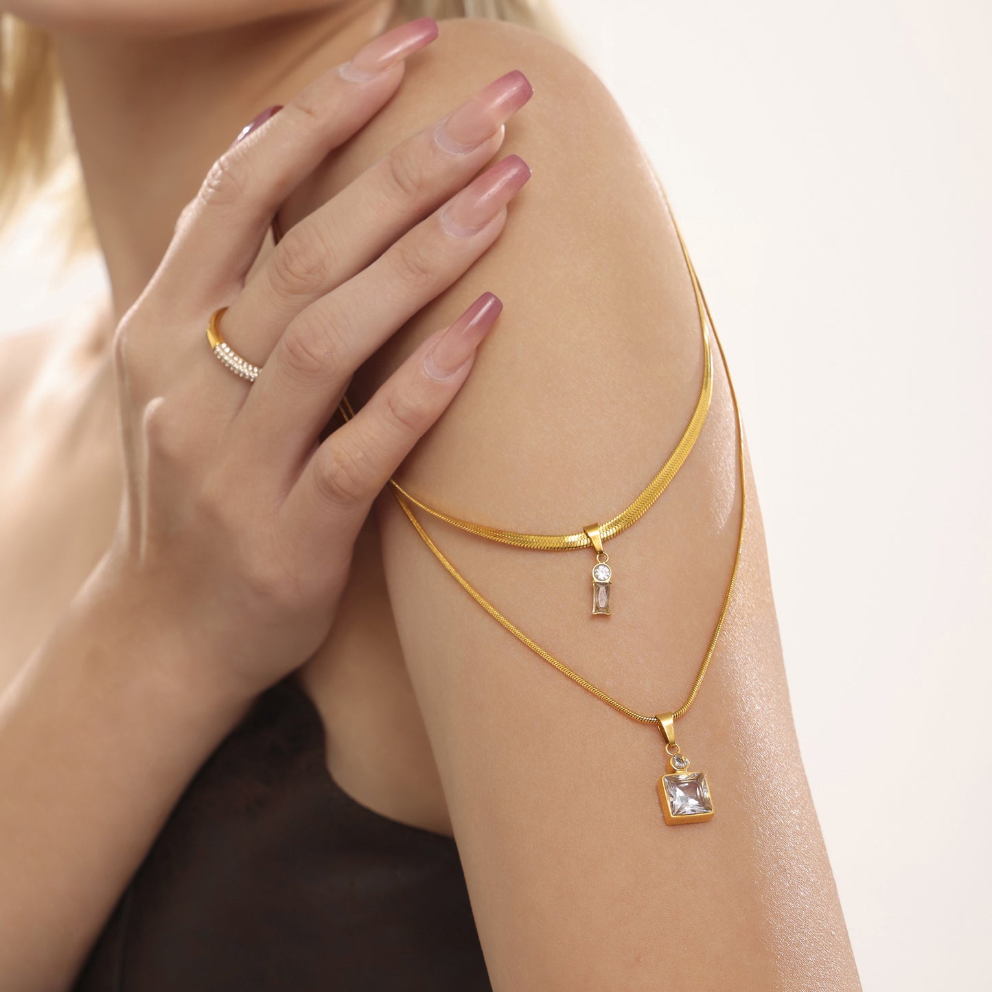 316L Stainless Steel 18K Gold PVD Layered Herringbone Square Zircon Necklace - elegant lifestyle look