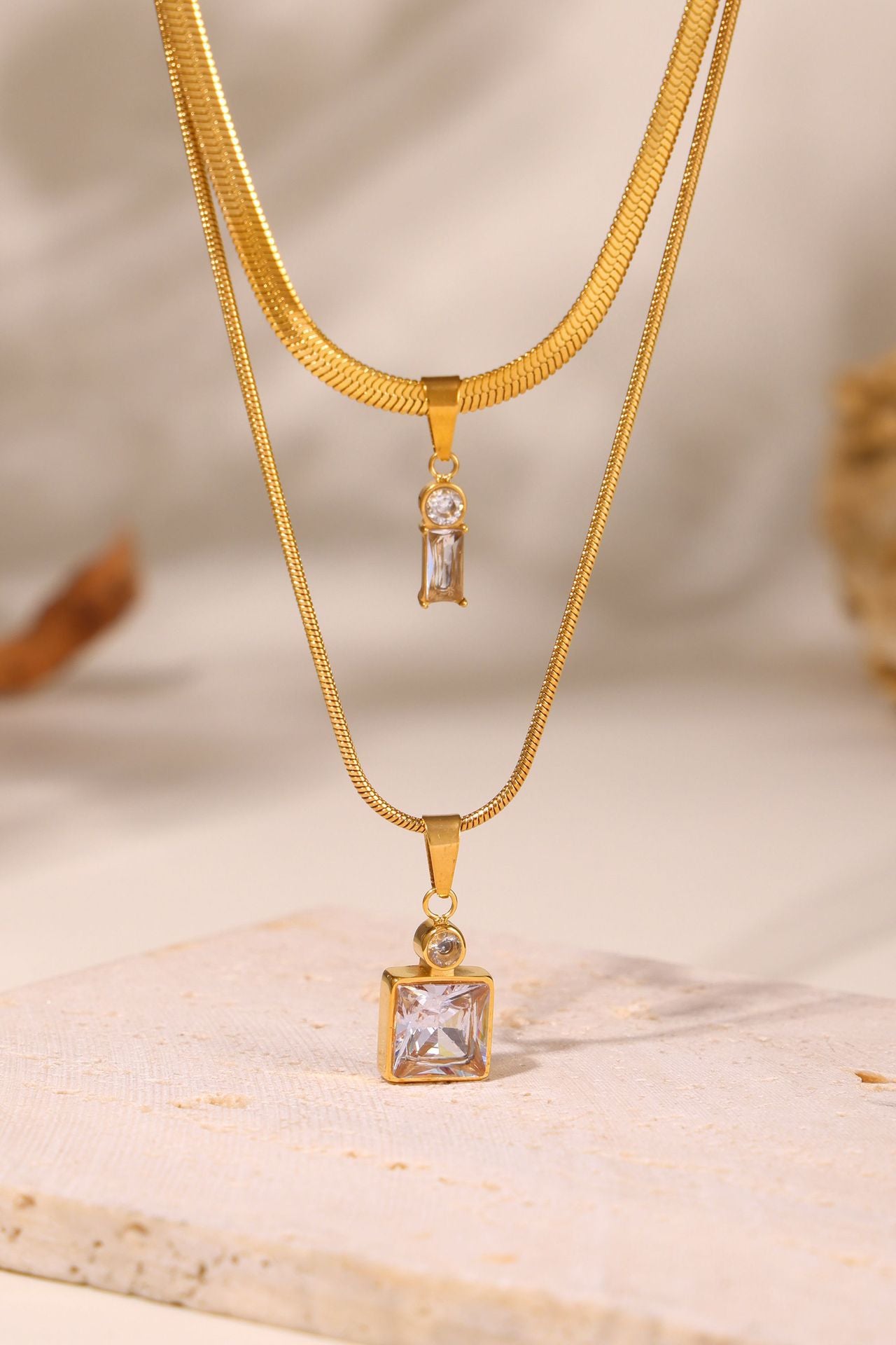 316L Stainless Steel 18K Gold PVD Layered Herringbone Square Zircon Necklace - luxury texture close up