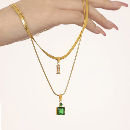 316L Stainless Steel 18K Gold PVD Layered Herringbone Square Zircon Necklace - premium jewelry aesthetic
