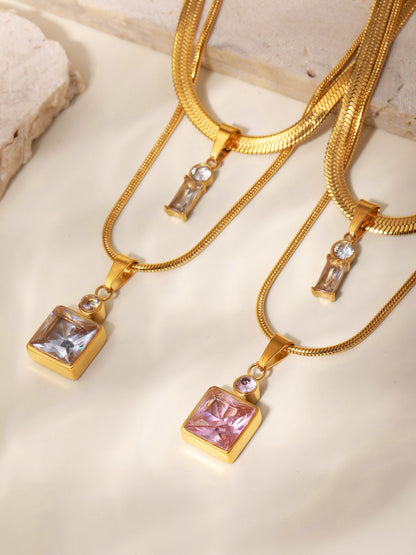 316L Stainless Steel 18K Gold PVD Layered Herringbone Square Zircon Necklace - front view showcase
