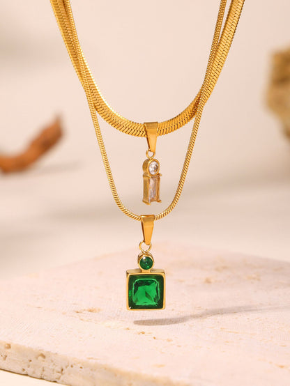 316L Stainless Steel 18K Gold PVD Layered Herringbone Square Zircon Necklace - luxury texture close up
