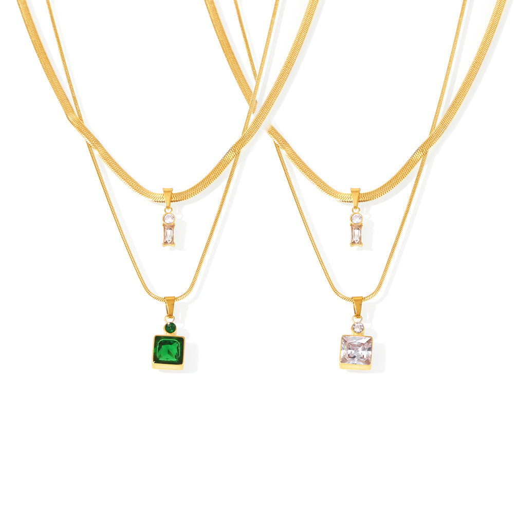 316L Stainless Steel 18K Gold PVD Layered Herringbone Square Zircon Necklace - exquisite craftsmanship detail