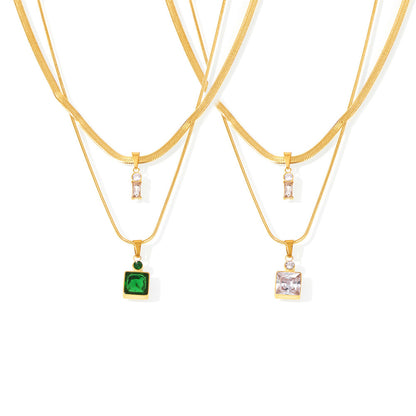 316L Stainless Steel 18K Gold PVD Layered Herringbone Square Zircon Necklace - exquisite craftsmanship detail